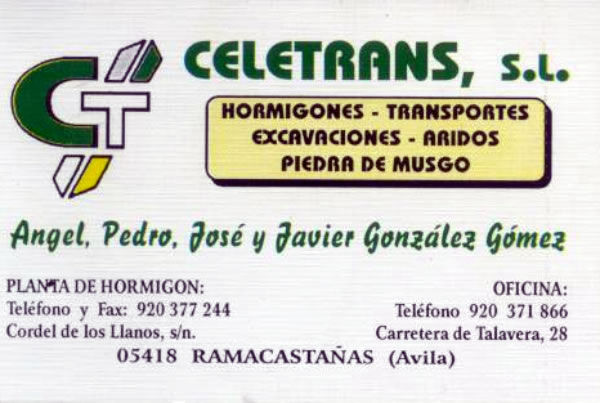 Celetrans Hormigón Transportes Excavaciones Áridos Piedra de Musgo Arenas de San Pedro